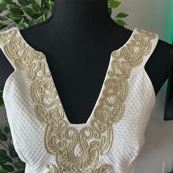 Lilly Pulitzer Suzette Shift Dress White Gold Braid Trim Knee Length Women's - Picture 4 of 7